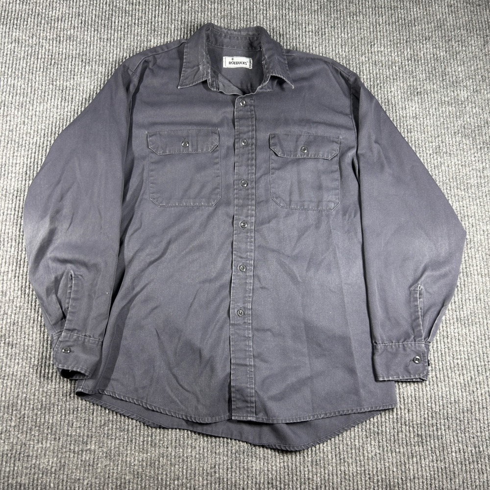 Roebucks Vintage‎ Shirt Mens L  Gray Long Sleeve Button Up Work Two Pocket Solid
